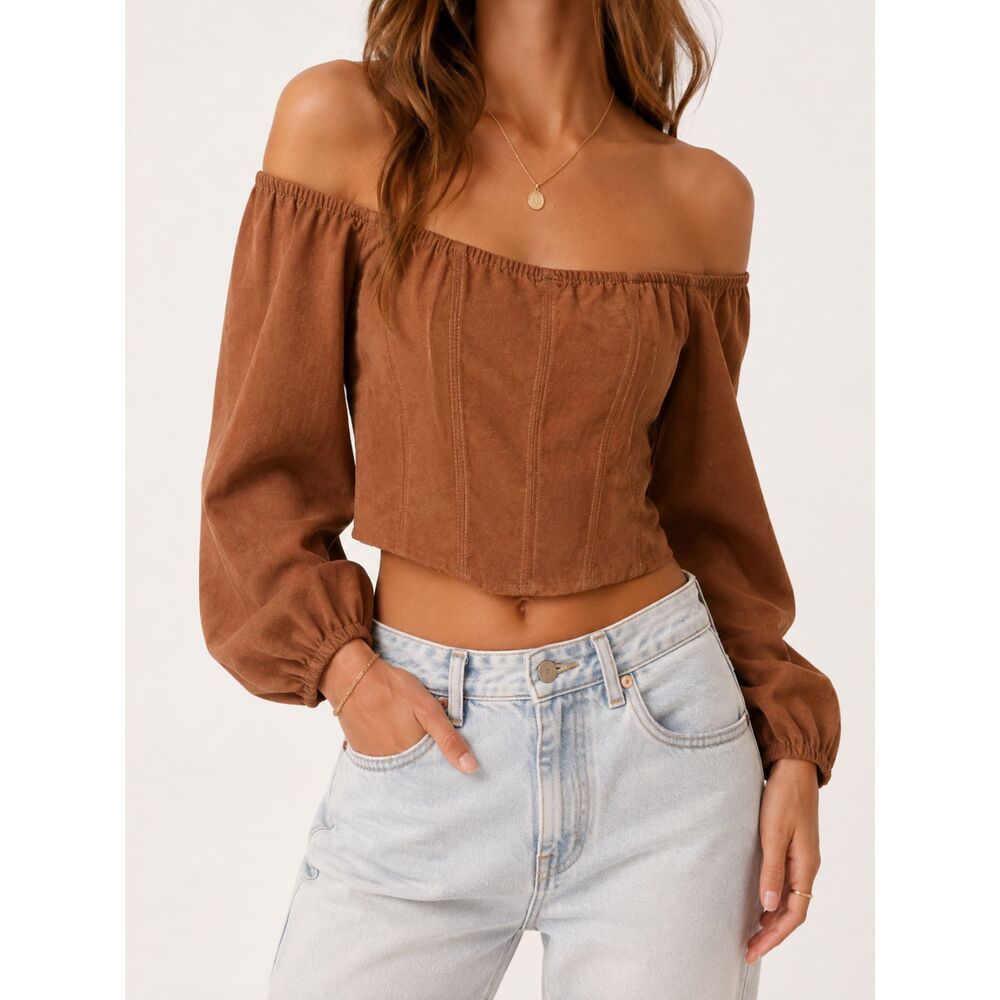 Kirious Los Angeles Brown Faux Suede Corset Crop Top Puff Sleeve Y2K Boho S